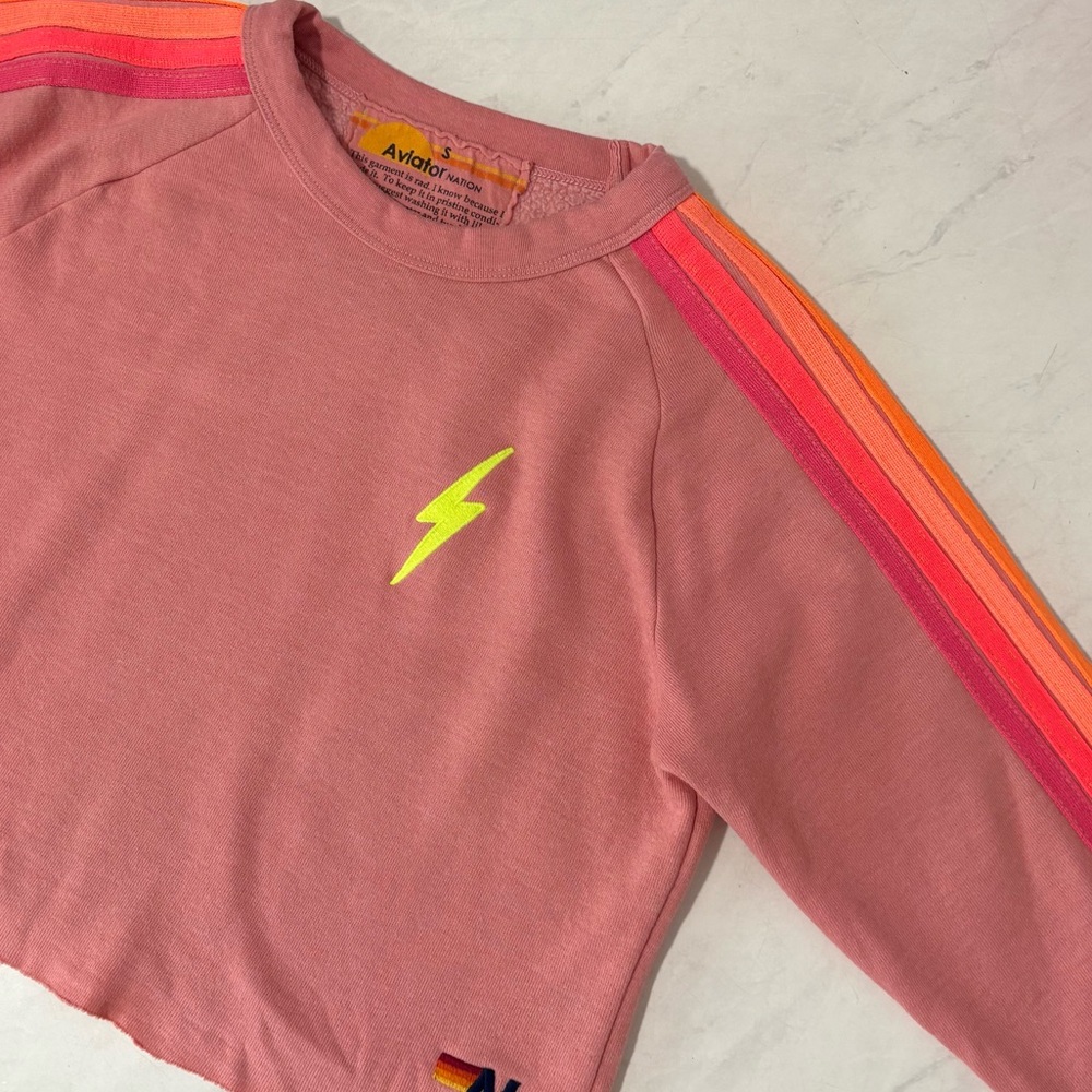 Aviator Nation Pink Rose Neon Bolt Striped Crop Sweatshirt Size Small Colorful - Picture 4 of 8